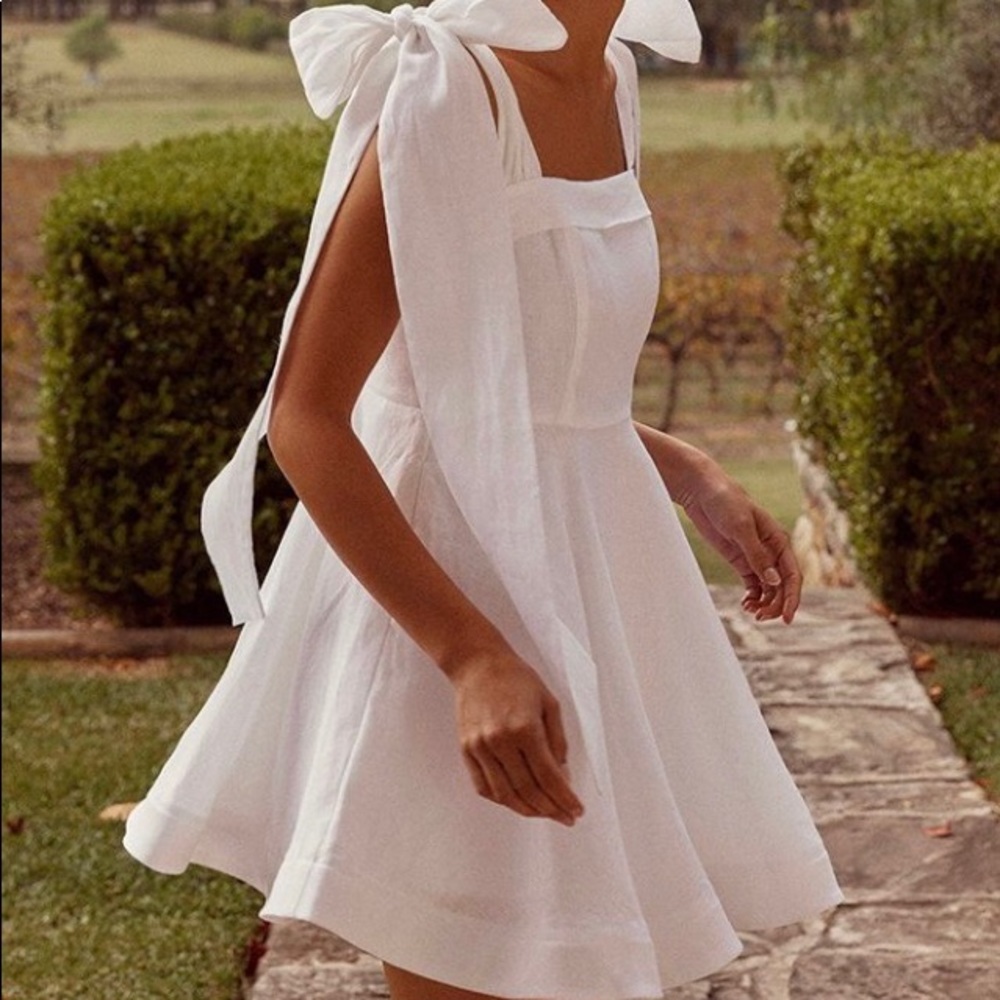 DISSH Aisle White Linen Bow Mini Dress AU Size 6 US Size 2 NWT
